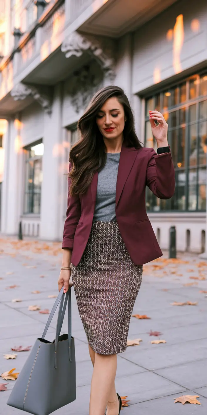 fall office outfits for women Wine Tones and Tweed Elegance