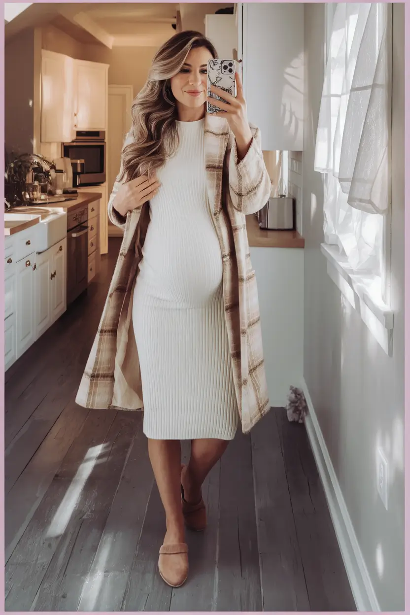 fall outfits for pregnant women 2025 creamy layers & plaid perfection