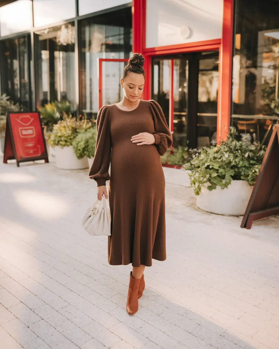 fall outfits for pregnant women 2025 chocolate puff sleeve perfection