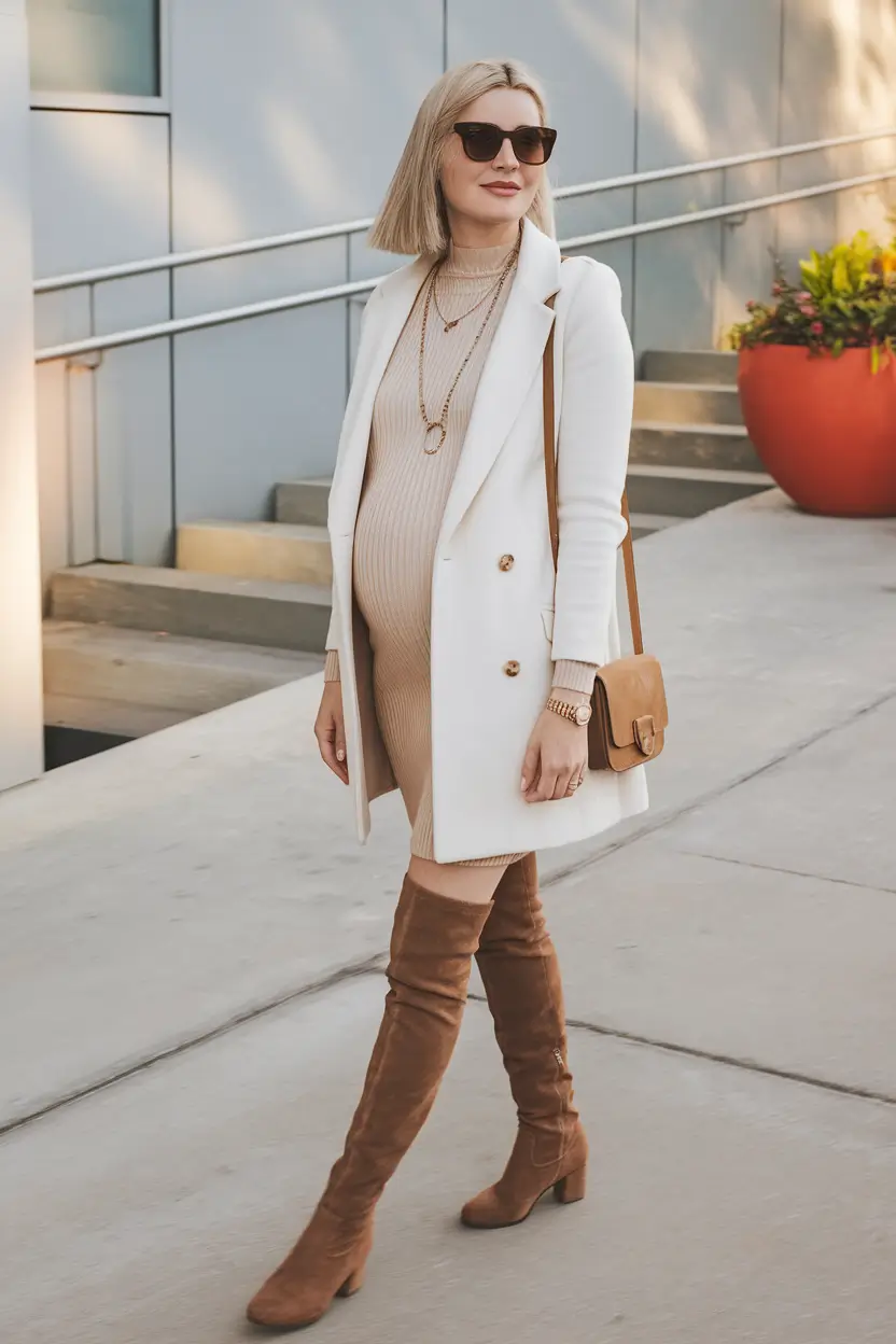 fall outfits for pregnant women 2025 white coat power meets ribbed simplicity