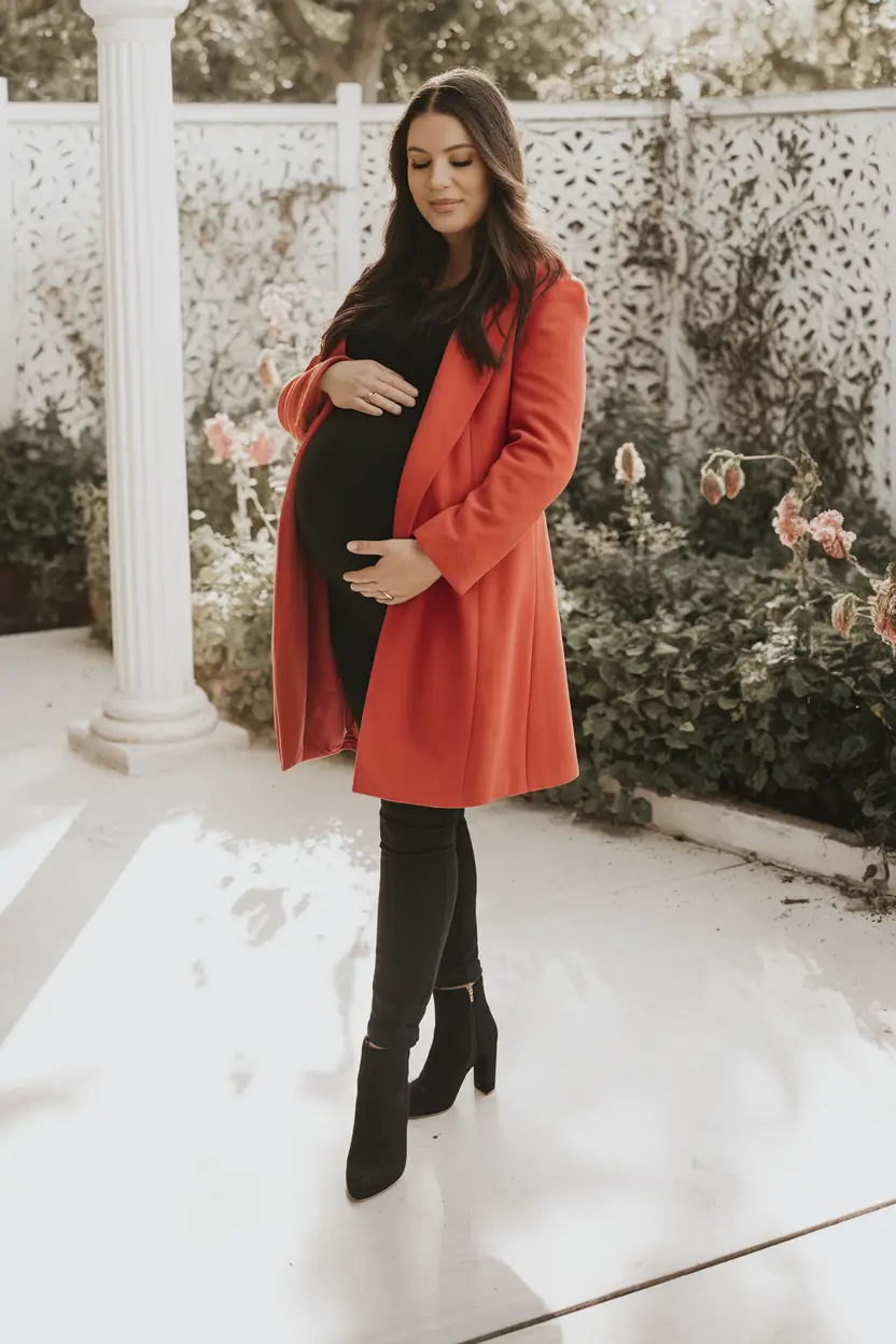 fall outfits for pregnant women 2025 bold red meets sleek all-black