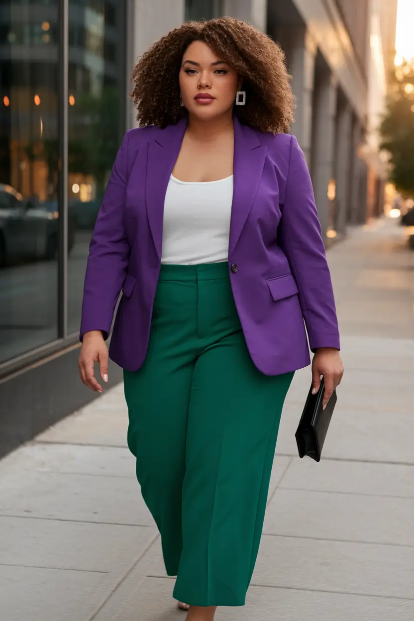 fall plus size capsule wardrobe Power Pairing: Purple Blazer & Emerald Pants