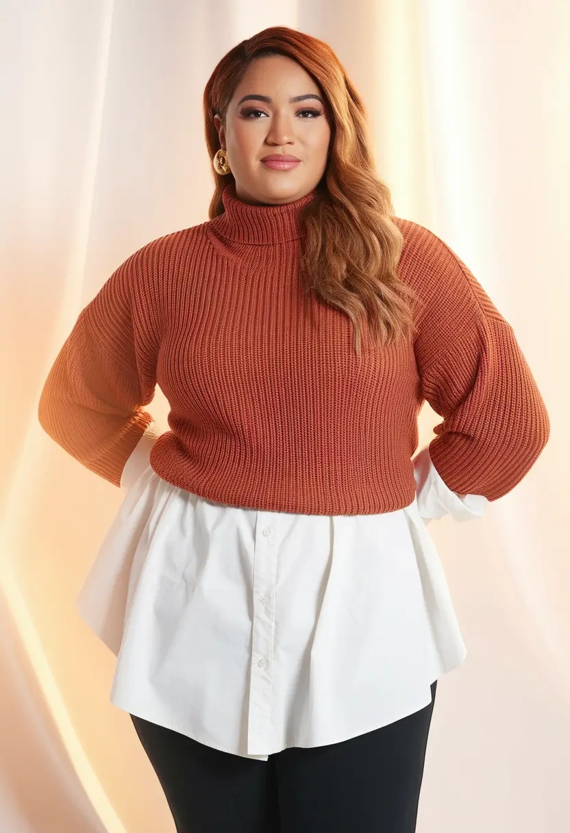 fall plus size capsule wardrobe Rust Knit Meets Crisp White Structure