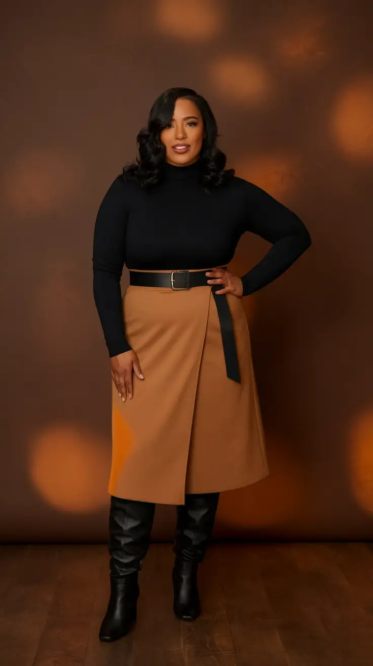 fall plus size capsule wardrobe Skirt + Boots = Fall’s Best Match