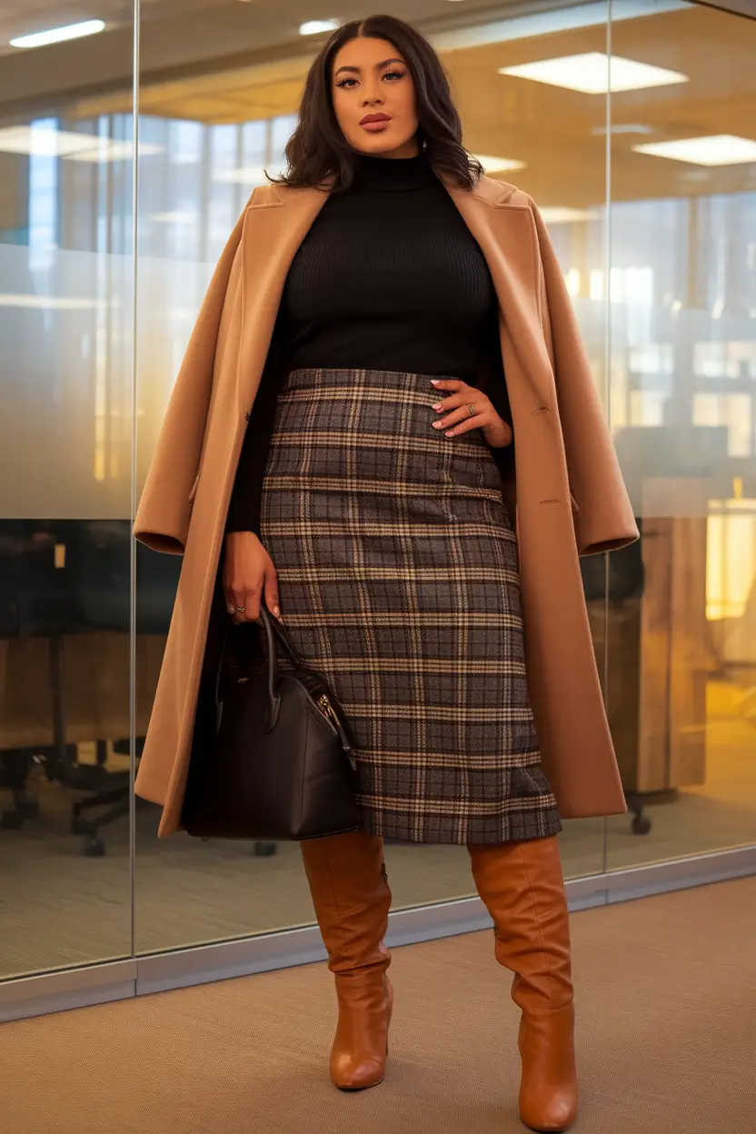 plus size fall work capsule wardrobe Retro Plaid and Camel Perfection