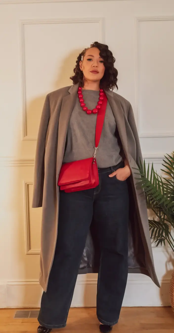 fall plus size capsule wardrobe Neutrals with a Pop: Grey and Red Elevated Casual