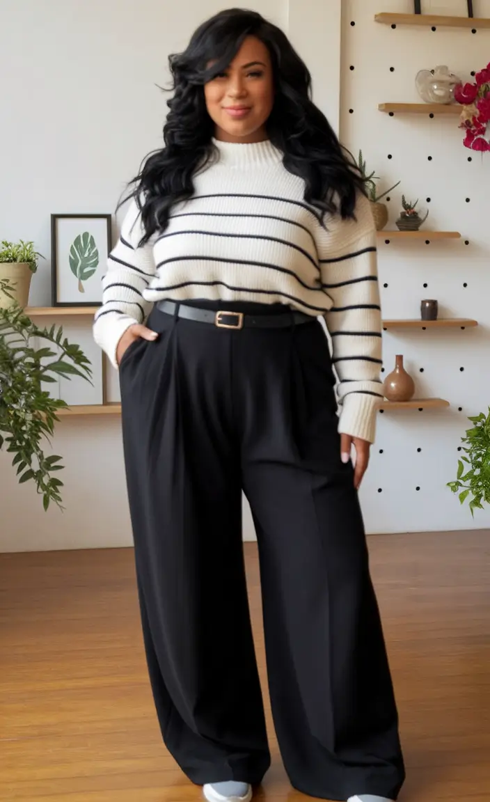 plus size capsule wardrobe fall teacher Soft Stripes and Wide-Leg Calm