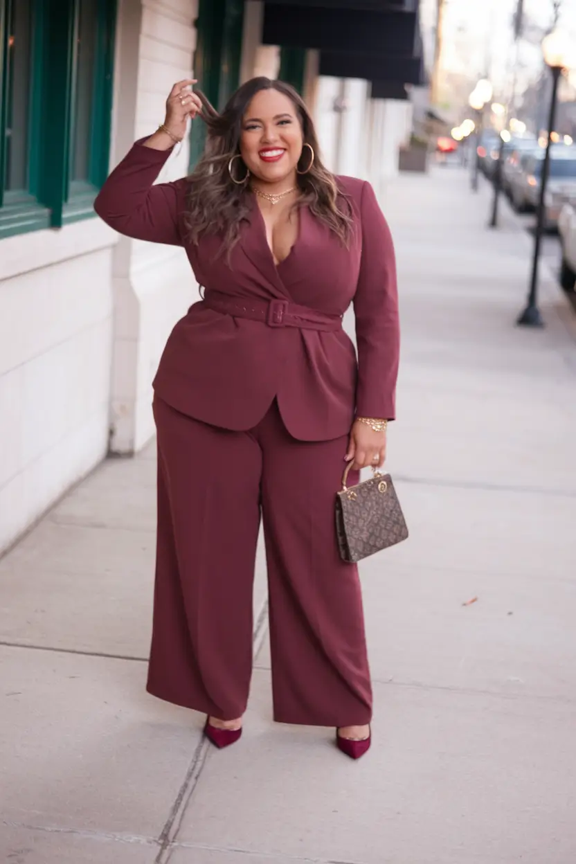 fall plus size capsule wardrobe Burgundy Power Suit Energy