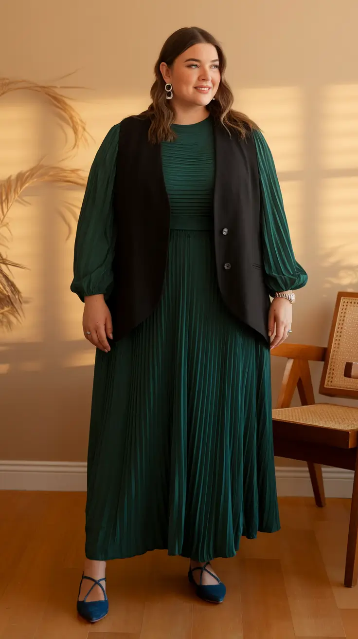 fall plus size capsule wardrobe Pleated Forest Green with a Vest Twist