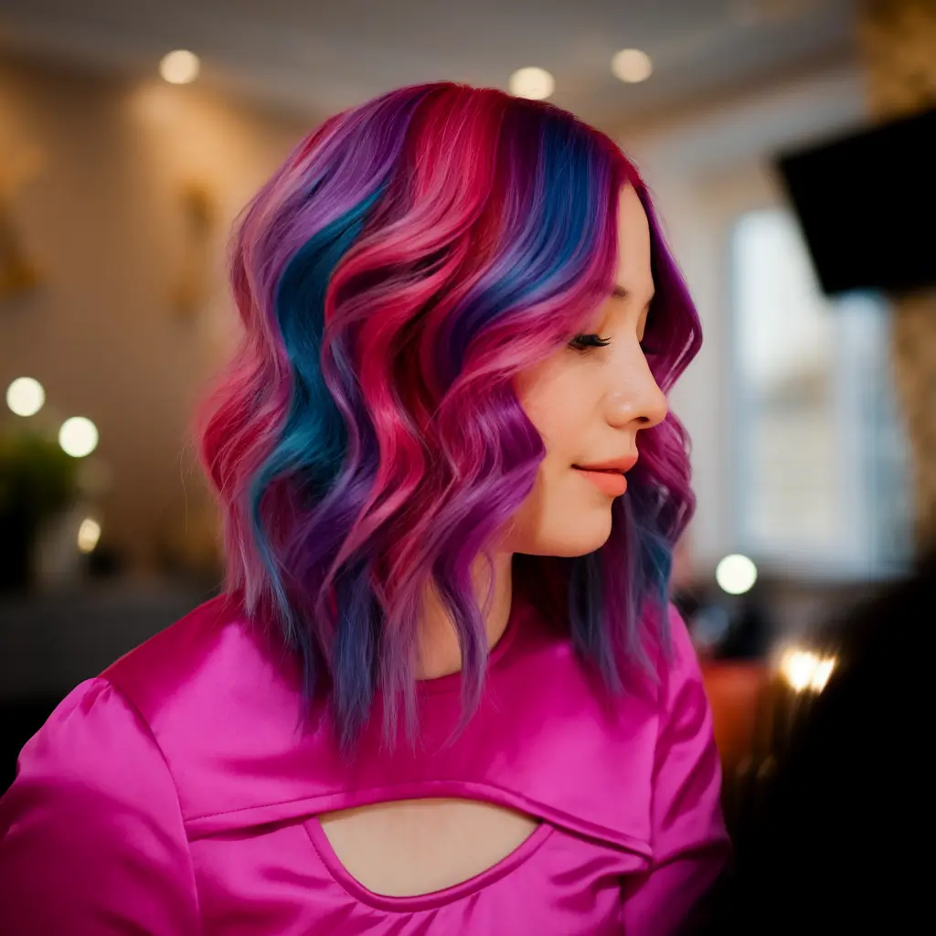 fun fall hair colors Magenta and Violet Melt with Blue Pops