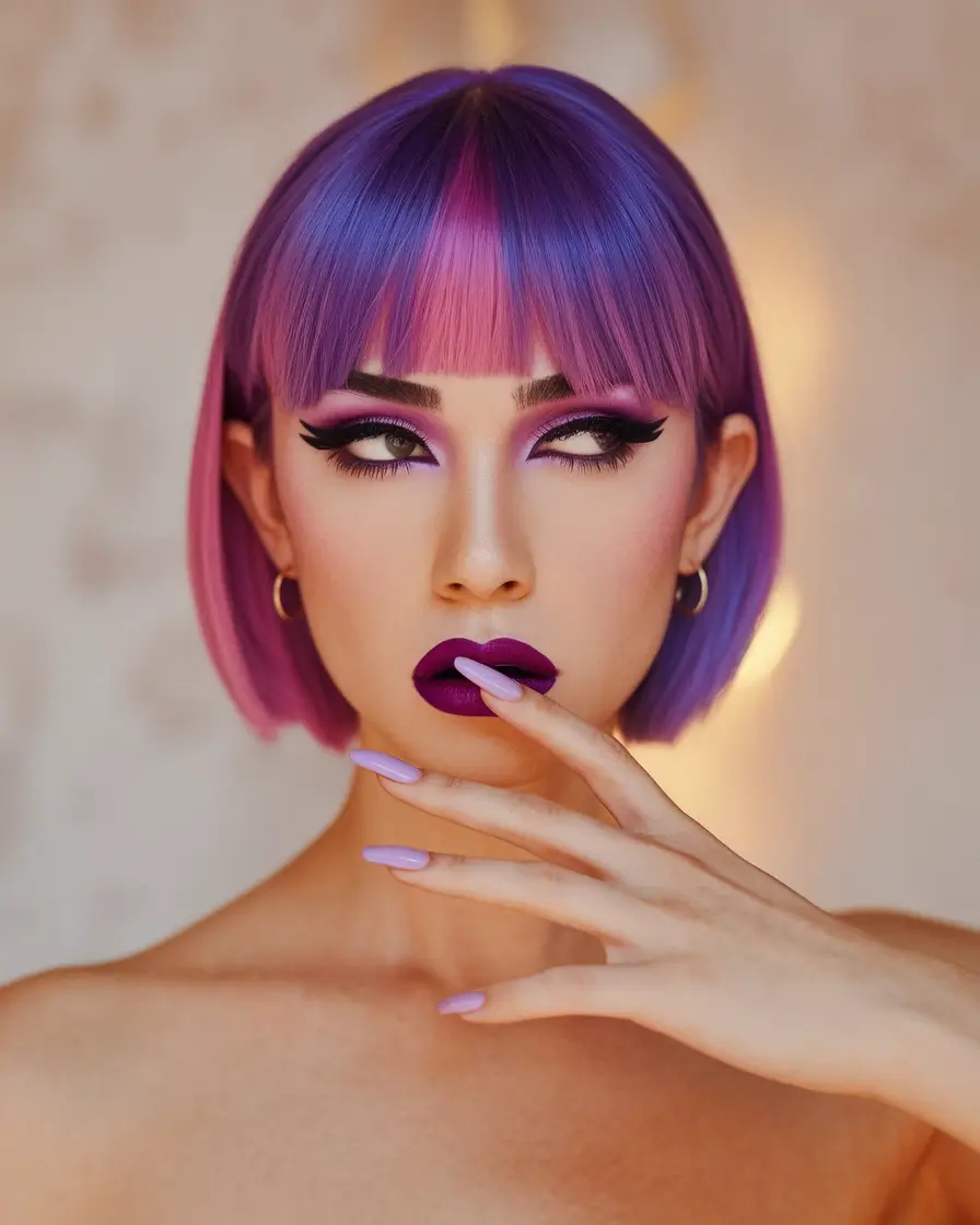 fun fall hair colors Lavender Bang Bob with Neon Edge