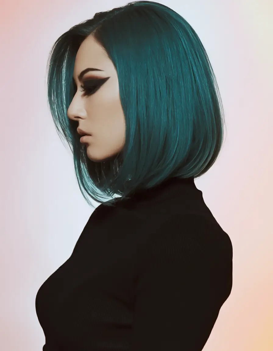fun fall hair colors Teal Precision Bob with Sleek Silhouette