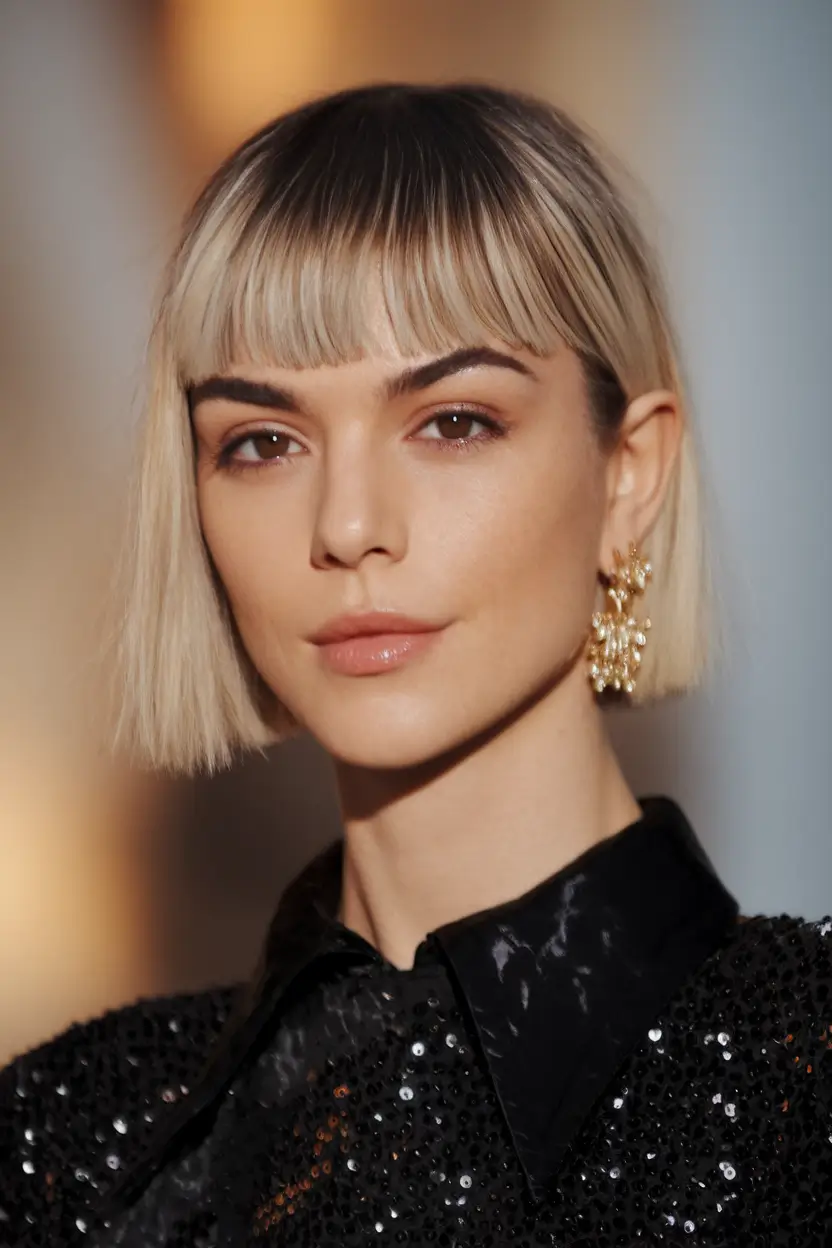fun fall hair colors Platinum Micro Bob with Blunt Bangs