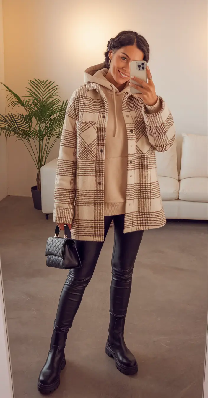 Hot Fall outfits Trends to Copy in 2025+Plaid Shackets & Leather Leggings: The Power Combo