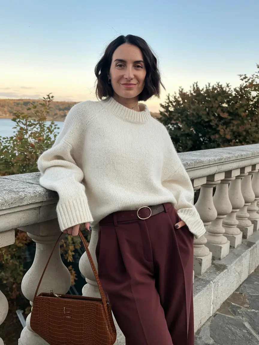Hot Fall outfits Trends to Copy in 2025+Cozy Knit Meets Wine-Toned Power Pants