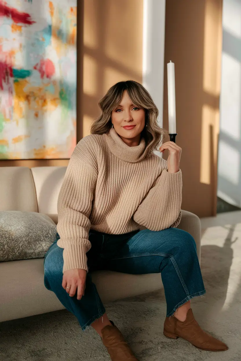 midsize fall outfits Classic Cream Knit with Easy Denim