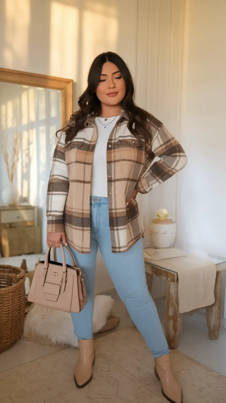midsize fall outfits Warm Plaid Layers with Denim Ease
