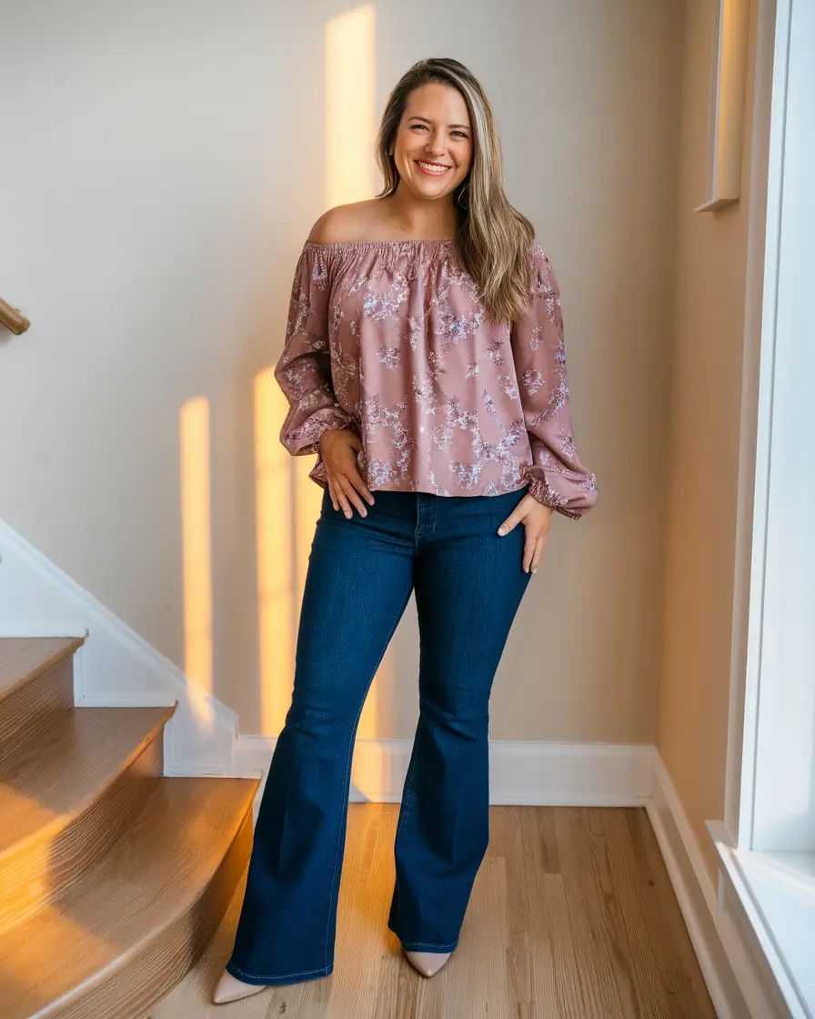 midsize fall outfits ideas 2025 Off-the-Shoulder Romance with Flared Denim