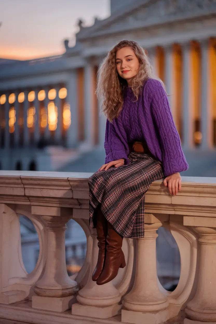 midsize fall outfits ideas 2025 Plum Cable Knit and a Hint of Academia