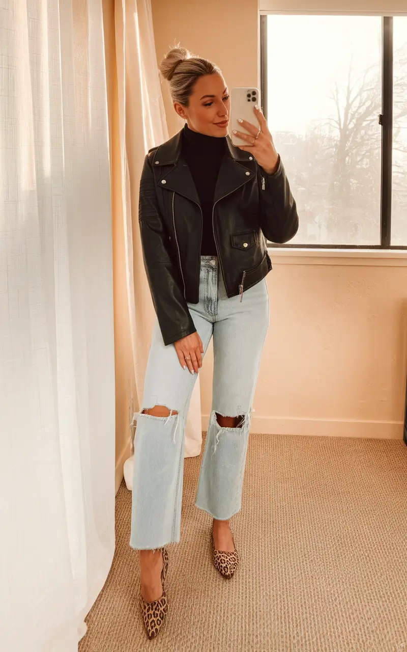 midsize fall outfits Leather Layers and Leopard Moments