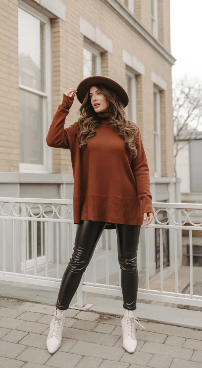 midsize fall outfits Bold in Burnt Orange and Leather Shine