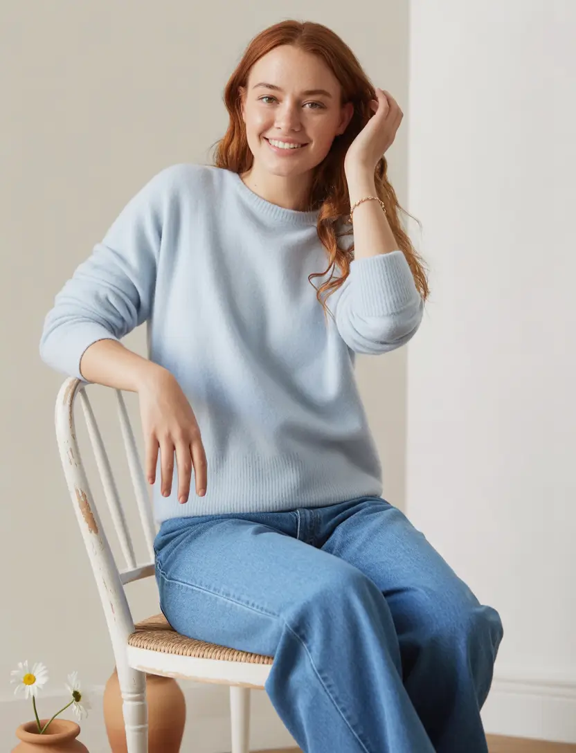 midsize fall outfits Powder Blue Meets Light Denim Ease