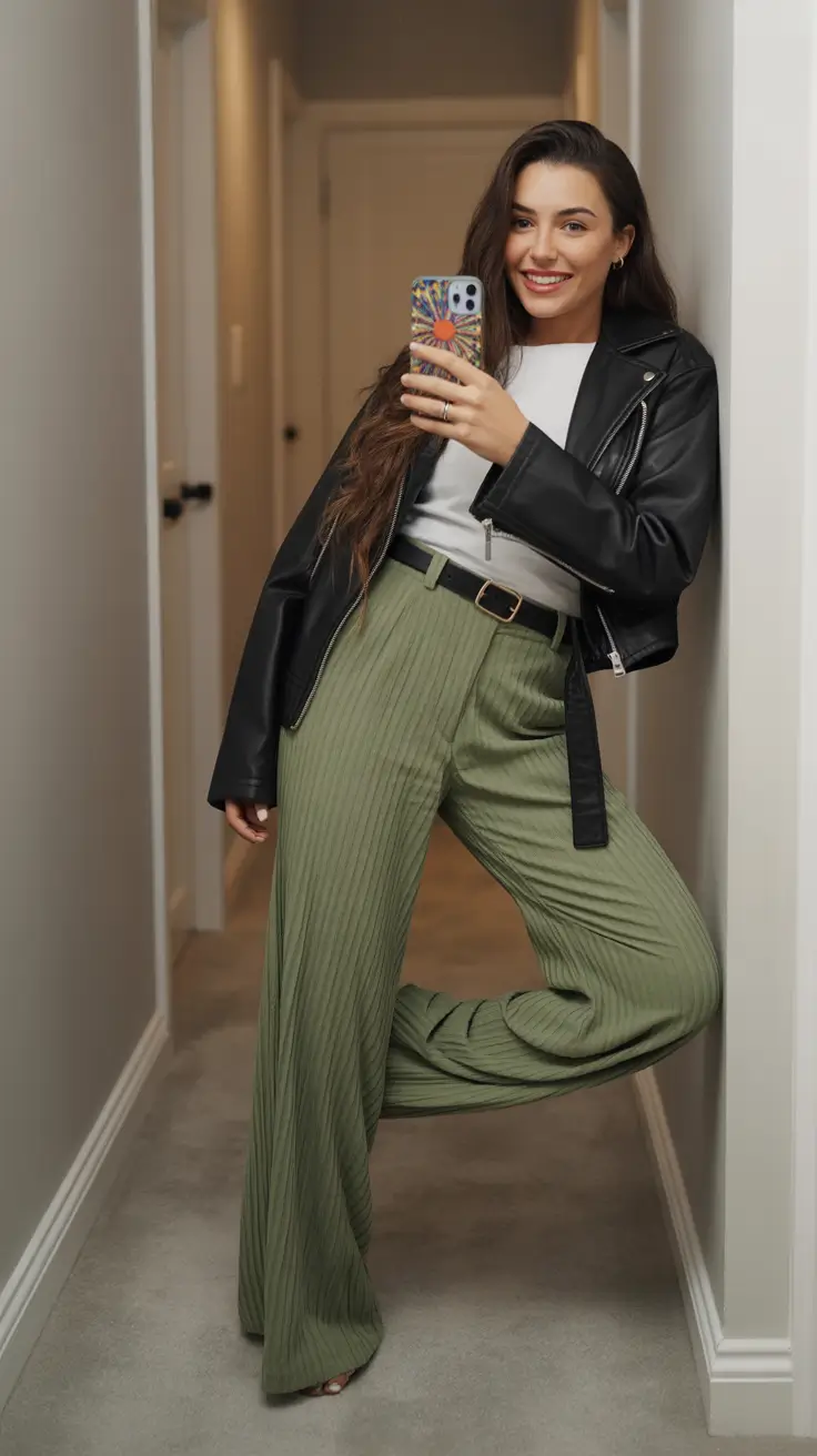 midsize fall outfits Sleek Leather & Sage Green Statement