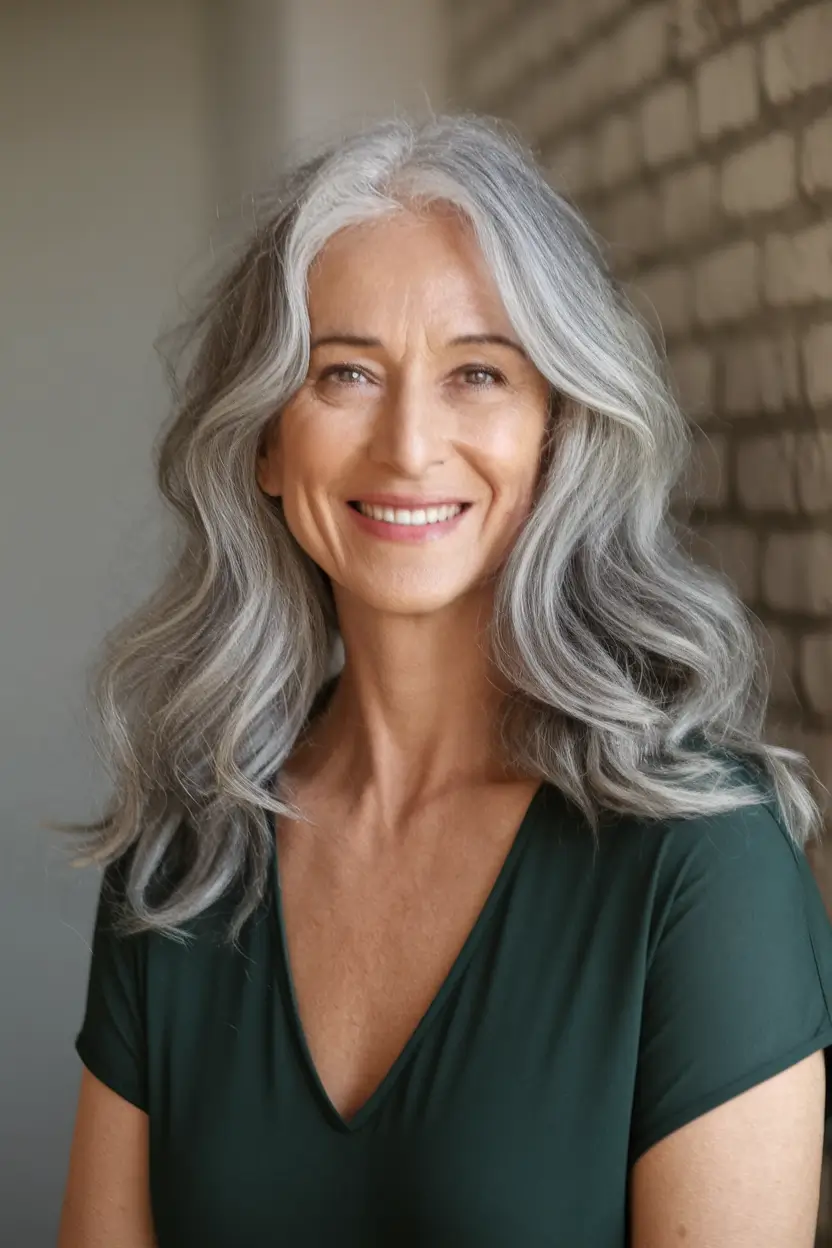 Hair trends 2025 Soft Natural Waves with a Silver Twist
