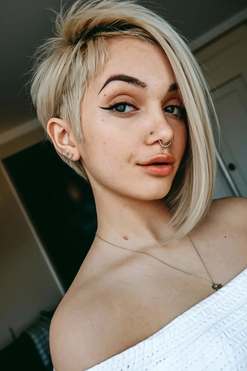 water fall hairstyle short hair Asymmetrical Pixie-Bob with Platinum Contrast