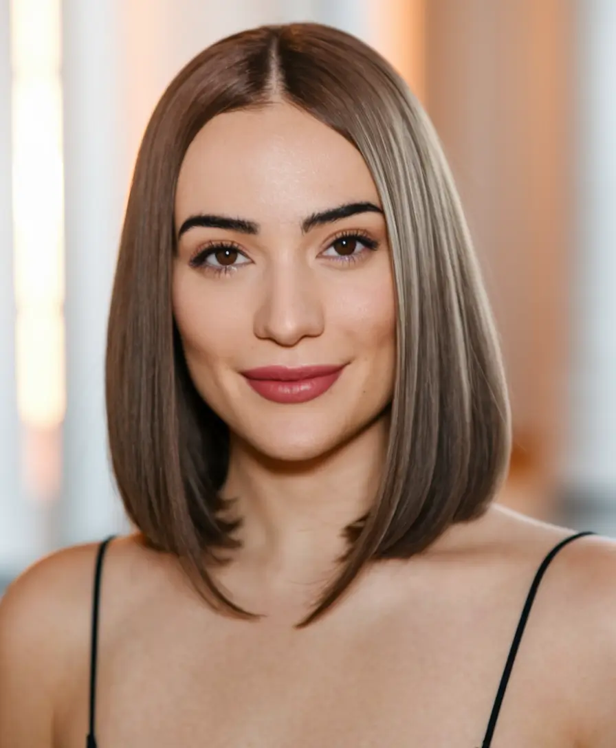 short hairstyle fall color Glossy Lob with Chocolate Dimension