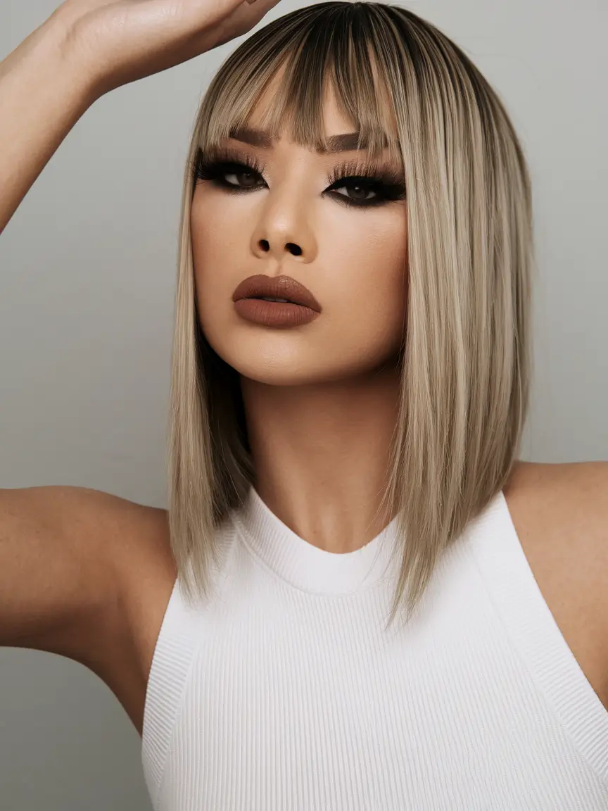 fall hairstyle short hair Face-Framing Lob with Curtain Bangs
