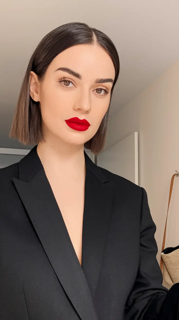 fall hairstyle short hair Power Bob with Red Lip Drama