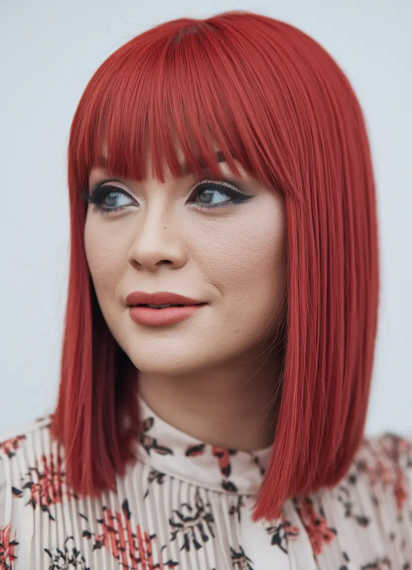 fall red hair color Crimson Power Bob with Full Fringe