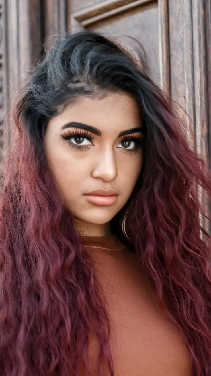 fall red hair color Rooted Plum Meets Smoky Berry Waves