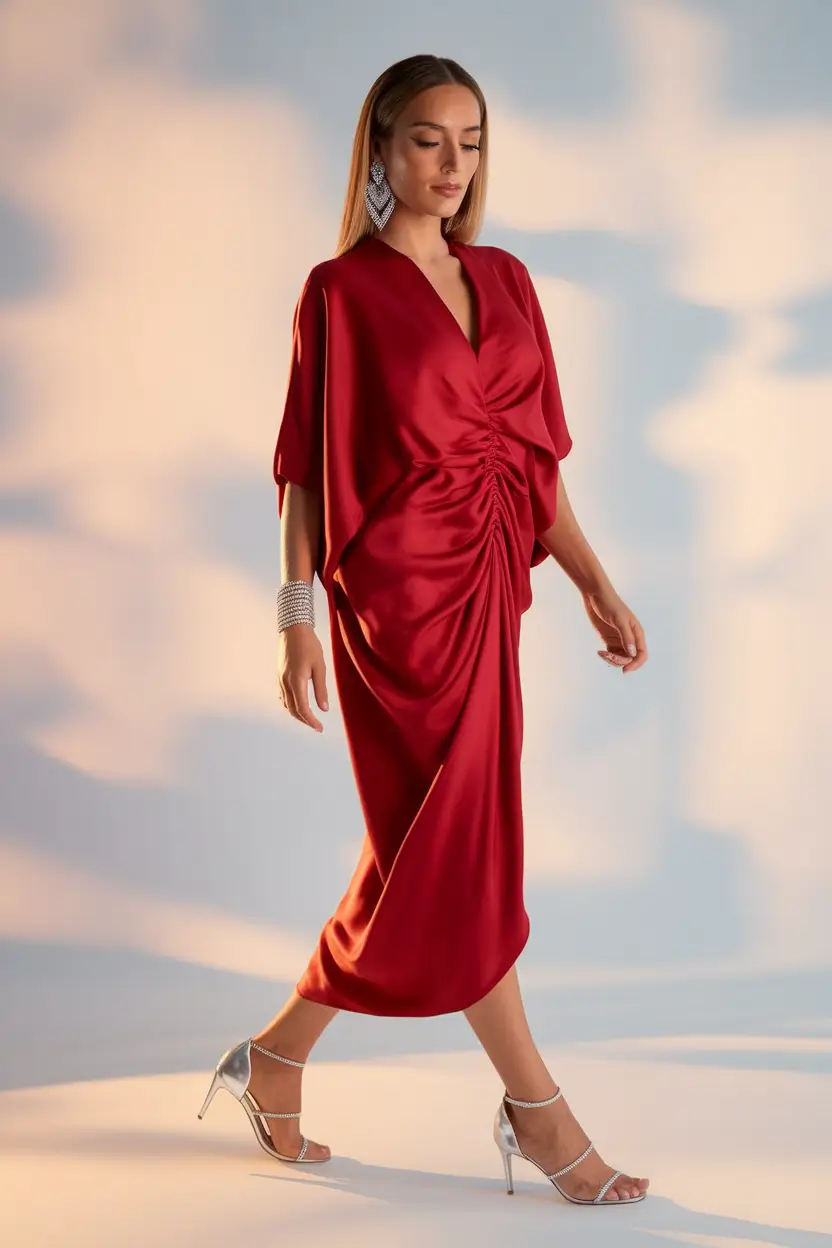 october wedding guest outfits ideas 2025 Crimson Draping for Candlelit Glam