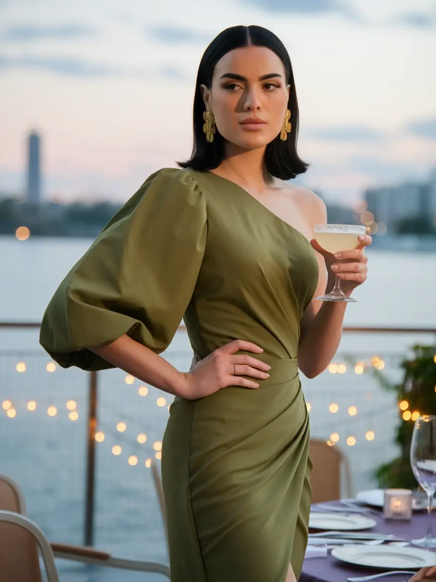 october wedding guest outfits Olive One-Shoulder for Waterfront Moments