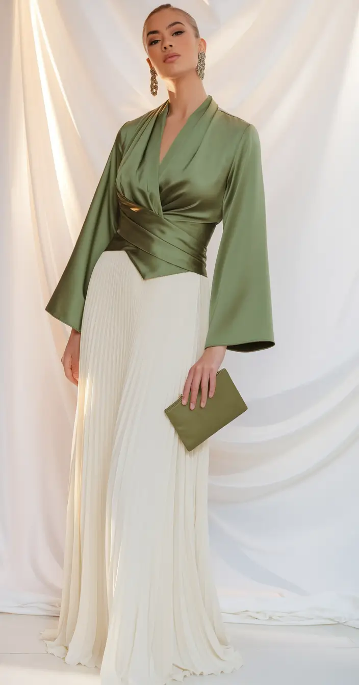 october wedding guest outfits Olive Wrap & Ivory Grace