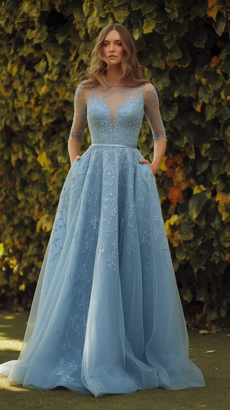 october wedding guest outfits Pale Blue Embroidered Daydream
