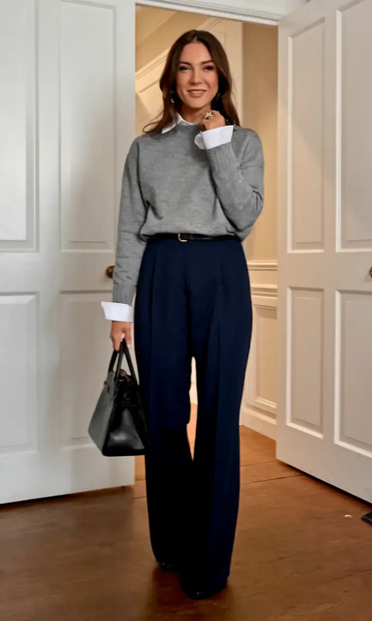fall work outfits for women grey pants Cozy Layers with Tailored Navy