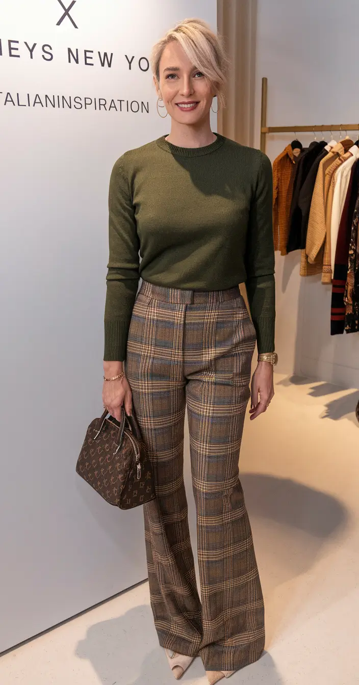 fall work outfits for women casual Smart Olive and Retro Plaid Combo