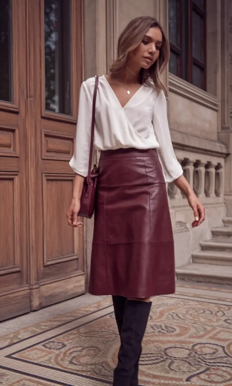 fall work outfits for women skirt Wine Leather and Clean Neutrals