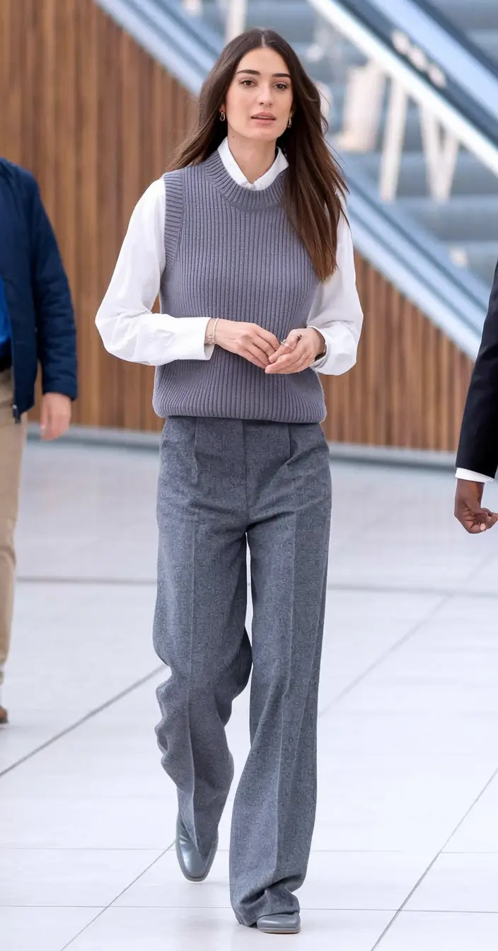 fall work outfits for women grey pants Slate Grey and Soft Layers for Understated Elegance