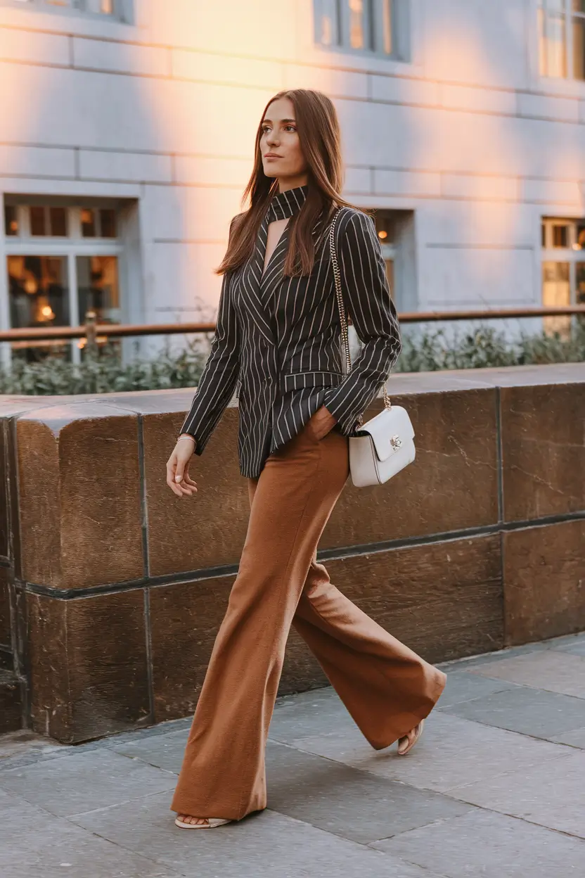 fall work outfits for women casual Coffee Tones and Pinstripes: Autumn Chic on the Move