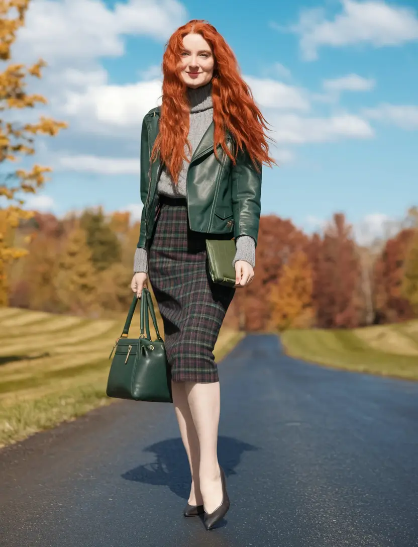 fall work outfits for women skirt Forest Greens and Classic Tweed for a Vintage-Inspired Look