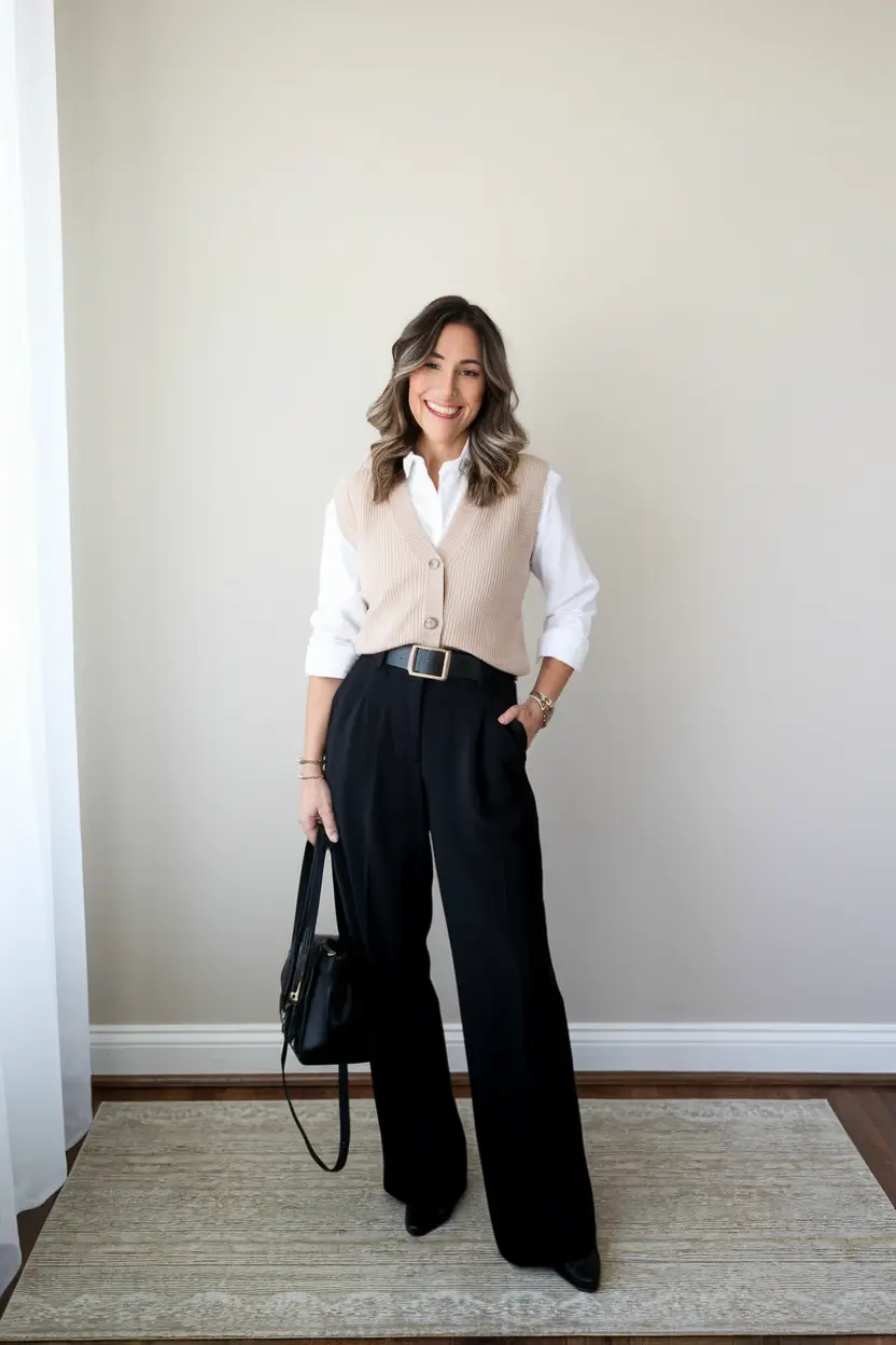 fall work outfits for women casual Preppy Vest with Soft Power Trousers