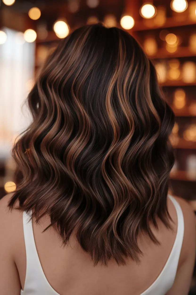 hair color ideas for black hair balayage Velvety Chestnut Balayage for Shoulder-Length Waves