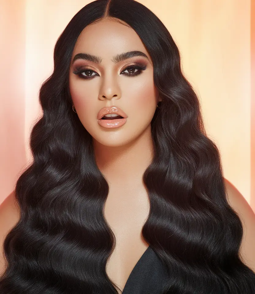 dark hair color ideas for brunettes chocolates warm browns straight black Glamorous Hollywood Waves in Jet Black