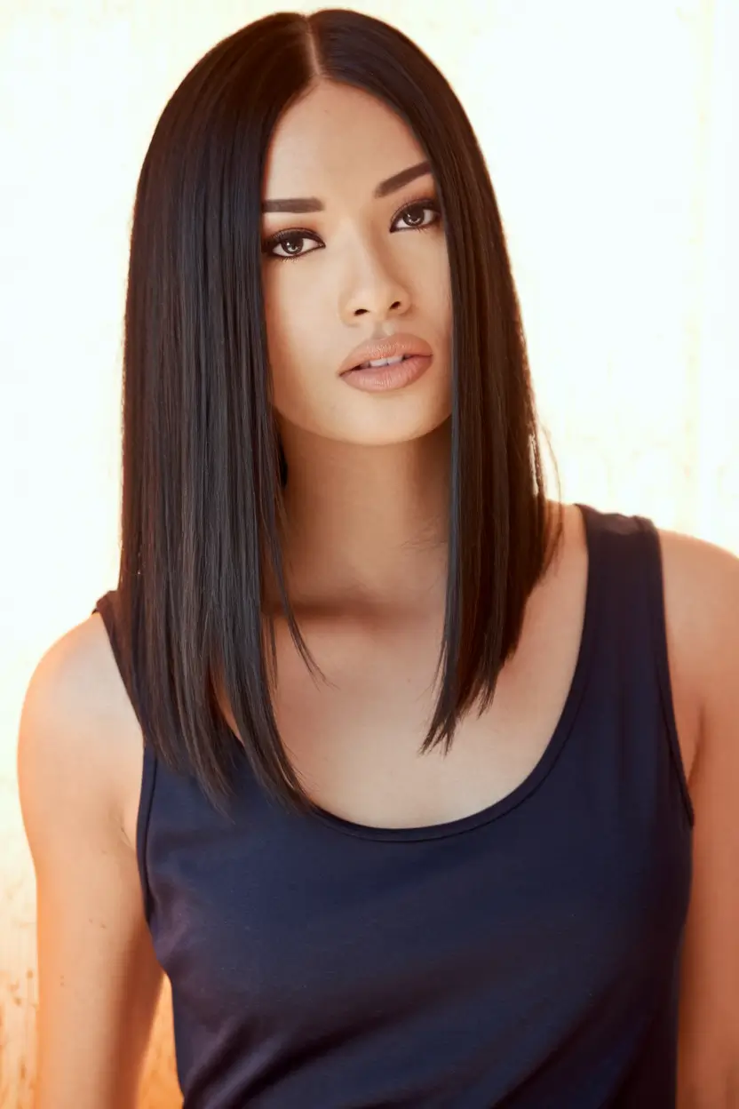 hair color ideas black hair Sleek Chestnut Slices for Cool-Toned Contrast