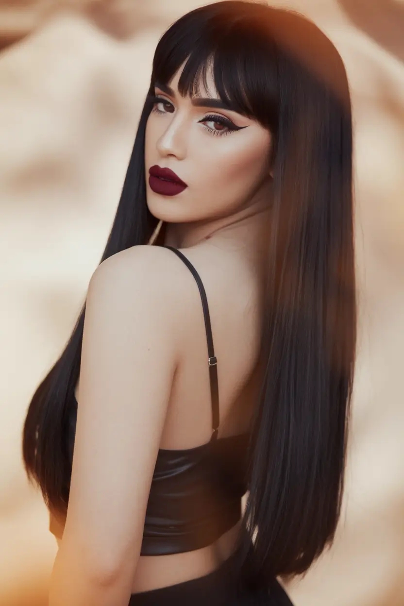 hair color ideas black hair Jet Black Drama with Retro Bangs