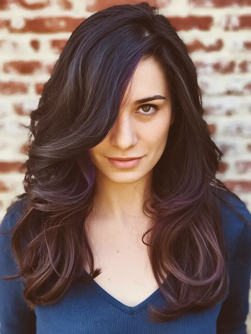 hair color ideas black hair curly Subtle Violet Tones on Long Curled Layers